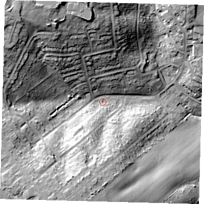 Shaded relief map of the ground around EN65QJ, computed from Environment Agency LiDAR. The ground here sits at about 99 m above sea level and falls 38 m across the surrounding 800 m. Surface water reaching this point runs off ground lying to the north-west, 28.8 m higher.