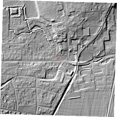 Shaded relief map of the ground around EN75DH, computed from Environment Agency LiDAR. The ground here sits at about 31 m above sea level and falls 15 m across the surrounding 800 m. Surface water reaching this point runs off ground lying to the west-south-west, 10.5 m higher.