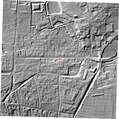 Shaded relief map of the ground around EN75DJ, computed from Environment Agency LiDAR. The ground here sits at about 34 m above sea level and falls 22 m across the surrounding 800 m. Surface water reaching this point runs off ground lying to the south-west, 15.9 m higher.