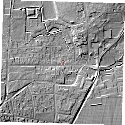 Shaded relief map of the ground around EN75DN, computed from Environment Agency LiDAR. The ground here sits at about 33 m above sea level and falls 20 m across the surrounding 800 m. Surface water reaching this point runs off ground lying to the south-west, 14.7 m higher.
