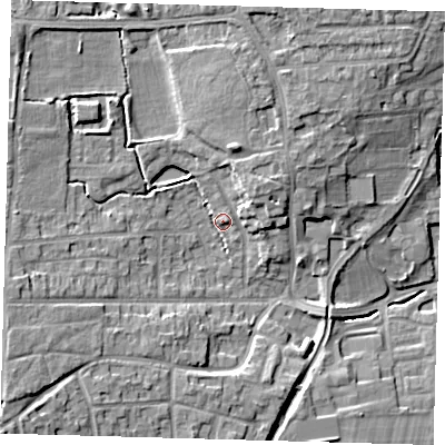 Shaded relief map of the ground around EN75DR, computed from Environment Agency LiDAR. The ground here sits at about 34 m above sea level and falls 17 m across the surrounding 800 m. Surface water reaching this point runs off ground lying to the south-west, 13.7 m higher.