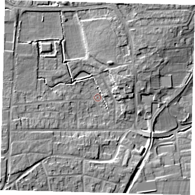 Shaded relief map of the ground around EN75DU, computed from Environment Agency LiDAR. The ground here sits at about 32 m above sea level and falls 18 m across the surrounding 800 m. Surface water reaching this point runs off ground lying to the south-west, 14.8 m higher.