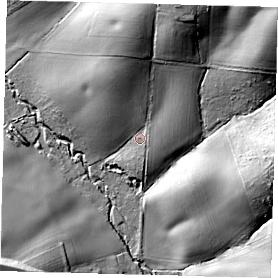 Shaded relief map of the ground around EN75JB, computed from Environment Agency LiDAR. The ground here sits at about 48 m above sea level and falls 41 m across the surrounding 800 m. Surface water reaching this point runs off ground lying to the north-north-east, 27.1 m higher.
