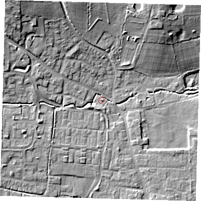 Shaded relief map of the ground around EN76AB, computed from Environment Agency LiDAR. The ground here sits at about 38 m above sea level and falls 19 m across the surrounding 800 m. Surface water reaching this point runs off ground lying to the north-west, 15.9 m higher.