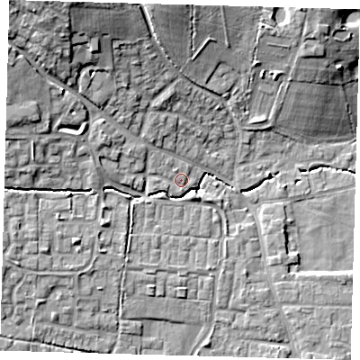 Shaded relief map of the ground around EN76AS, computed from Environment Agency LiDAR. The ground here sits at about 39 m above sea level and falls 18 m across the surrounding 800 m. Surface water reaching this point runs off ground lying to the west-north-west, 8.5 m higher.