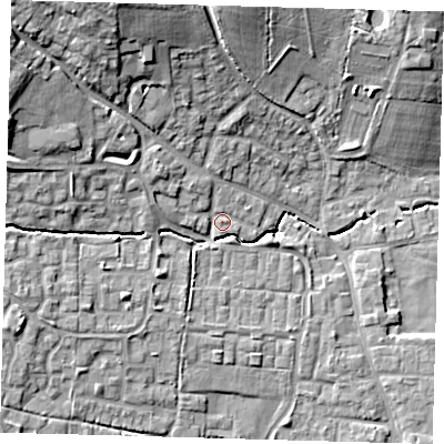 Shaded relief map of the ground around EN76AT, computed from Environment Agency LiDAR. The ground here sits at about 40 m above sea level and falls 18 m across the surrounding 800 m. Surface water reaching this point runs off ground lying to the west-north-west, 12.1 m higher.