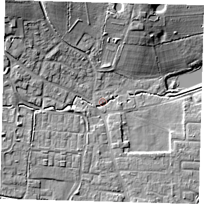Shaded relief map of the ground around EN76GP, computed from Environment Agency LiDAR. The ground here sits at about 38 m above sea level and falls 18 m across the surrounding 800 m. Surface water reaching this point runs off ground lying to the west-south-west, 6.2 m higher.