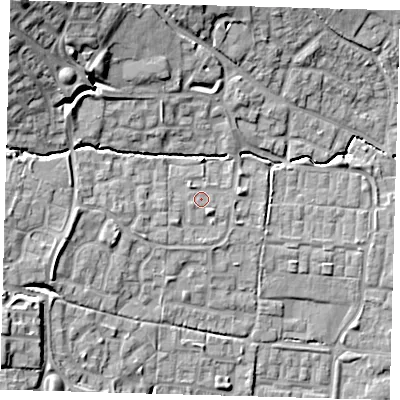 Shaded relief map of the ground around EN76HU, computed from Environment Agency LiDAR. The ground here sits at about 42 m above sea level and falls 22 m across the surrounding 800 m. Surface water reaching this point runs off ground lying to the west, 1.4 m higher.