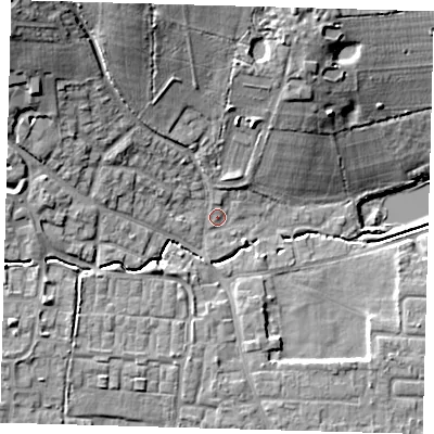 Shaded relief map of the ground around EN76LN, computed from Environment Agency LiDAR. The ground here sits at about 38 m above sea level and falls 20 m across the surrounding 800 m. Surface water reaching this point runs off ground lying to the north-west, 17.2 m higher.
