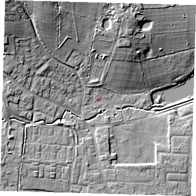 Shaded relief map of the ground around EN76LP, computed from Environment Agency LiDAR. The ground here sits at about 37 m above sea level and falls 19 m across the surrounding 800 m. Surface water reaching this point runs off ground lying to the north-west, 15.9 m higher.
