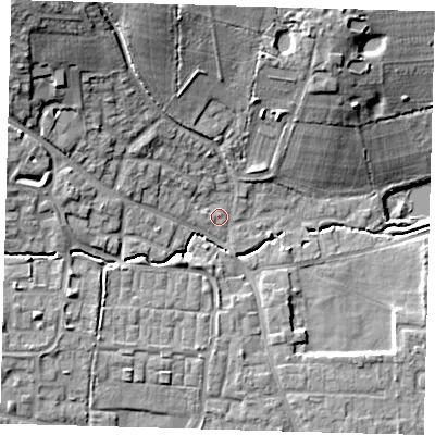 Shaded relief map of the ground around EN76LY, computed from Environment Agency LiDAR. The ground here sits at about 38 m above sea level and falls 21 m across the surrounding 800 m. Surface water reaching this point runs off ground lying to the north-west, 17.1 m higher.
