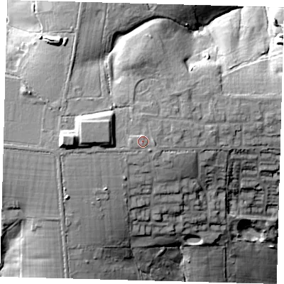 Shaded relief map of the ground around EN76PH, computed from Environment Agency LiDAR. The ground here sits at about 109 m above sea level and falls 32 m across the surrounding 800 m. Surface water reaching this point runs off ground lying to the south-south-east, 0.9 m higher.