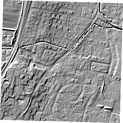 Shaded relief map of the ground around EN80AF, computed from Environment Agency LiDAR. The ground here sits at about 24 m above sea level and falls 10 m across the surrounding 800 m. Surface water reaching this point runs off ground lying to the west-south-west, 7.1 m higher.