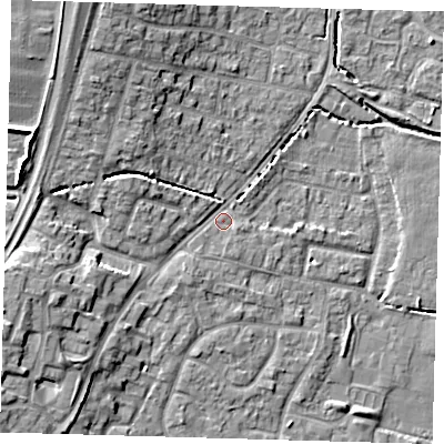 Shaded relief map of the ground around EN80AZ, computed from Environment Agency LiDAR. The ground here sits at about 24 m above sea level and falls 10 m across the surrounding 800 m. Surface water reaching this point runs off ground lying to the north-north-west, 7.4 m higher.