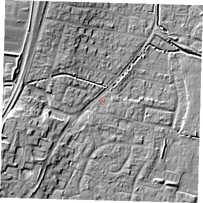 Shaded relief map of the ground around EN80DN, computed from Environment Agency LiDAR. The ground here sits at about 24 m above sea level and falls 10 m across the surrounding 800 m. Surface water reaching this point runs off ground lying to the north-north-west, 7.2 m higher.