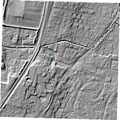 Shaded relief map of the ground around EN80DT, computed from Environment Agency LiDAR. The ground here sits at about 25 m above sea level and falls 11 m across the surrounding 800 m. Surface water reaching this point runs off ground lying to the north-west, 8.6 m higher.