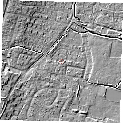 Shaded relief map of the ground around EN80FL, computed from Environment Agency LiDAR. The ground here sits at about 22 m above sea level and falls 10 m across the surrounding 800 m. Surface water reaching this point runs off ground lying to the west, 1.9 m higher.