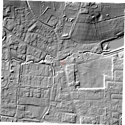 Shaded relief map of the ground around EN80HZ, computed from Environment Agency LiDAR. The ground here sits at about 38 m above sea level and falls 17 m across the surrounding 800 m. Surface water reaching this point runs off ground lying to the west-south-west, 6.2 m higher.