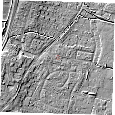 Shaded relief map of the ground around EN80JH, computed from Environment Agency LiDAR. The ground here sits at about 24 m above sea level and falls 10 m across the surrounding 800 m. Surface water reaching this point runs off ground lying to the west, 1.3 m higher.