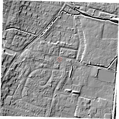 Shaded relief map of the ground around EN80JR, computed from Environment Agency LiDAR. The ground here sits at about 23 m above sea level and falls 9 m across the surrounding 800 m. Surface water reaching this point runs off ground lying to the west, 2.3 m higher.