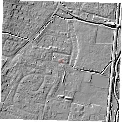 Shaded relief map of the ground around EN80JS, computed from Environment Agency LiDAR. The ground here sits at about 23 m above sea level and falls 9 m across the surrounding 800 m. Surface water reaching this point runs off ground lying to the west, 2.7 m higher.