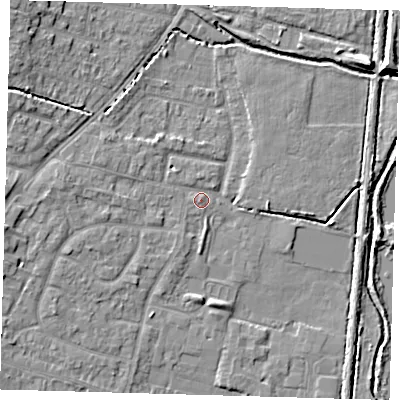 Shaded relief map of the ground around EN80JT, computed from Environment Agency LiDAR. The ground here sits at about 23 m above sea level and falls 9 m across the surrounding 800 m. Surface water reaching this point runs off ground lying to the west, 2.8 m higher.