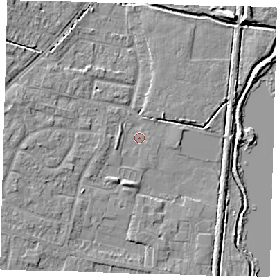 Shaded relief map of the ground around EN80JU, computed from Environment Agency LiDAR. The ground here sits at about 22 m above sea level and falls 8 m across the surrounding 800 m. Surface water reaching this point runs off ground lying to the west, 1.3 m higher.