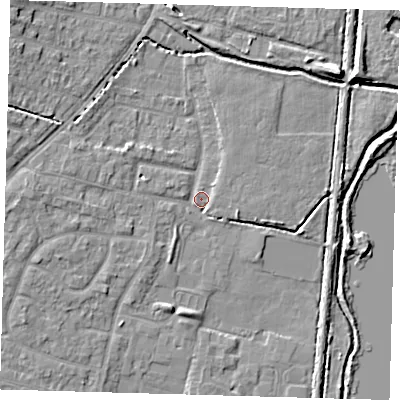 Shaded relief map of the ground around EN80JX, computed from Environment Agency LiDAR. The ground here sits at about 22 m above sea level and falls 8 m across the surrounding 800 m. Surface water reaching this point runs off ground lying to the north-west, 5.8 m higher.