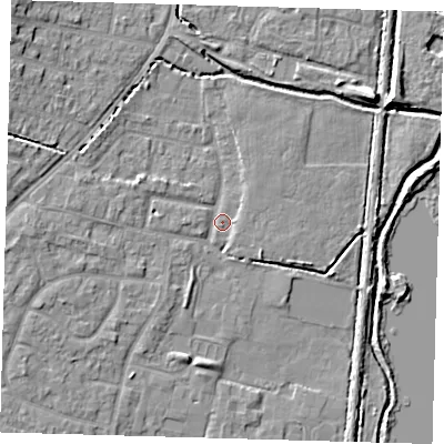 Shaded relief map of the ground around EN80JY, computed from Environment Agency LiDAR. The ground here sits at about 22 m above sea level and falls 8 m across the surrounding 800 m. Surface water reaching this point runs off ground lying to the north-west, 5.7 m higher.