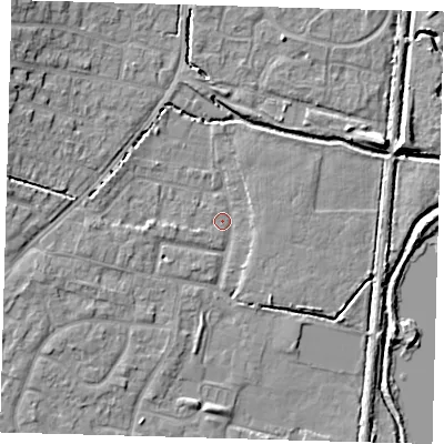 Shaded relief map of the ground around EN80LA, computed from Environment Agency LiDAR. The ground here sits at about 22 m above sea level and falls 9 m across the surrounding 800 m. Surface water reaching this point runs off ground lying to the north-west, 7.2 m higher.