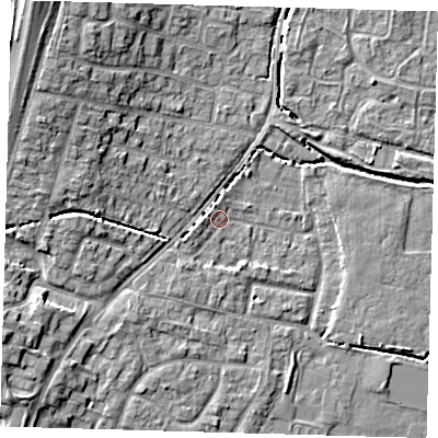 Shaded relief map of the ground around EN80LD, computed from Environment Agency LiDAR. The ground here sits at about 23 m above sea level and falls 11 m across the surrounding 800 m. Surface water reaching this point runs off ground lying to the south-west, 1.6 m higher.