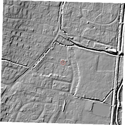 Shaded relief map of the ground around EN80LE, computed from Environment Agency LiDAR. The ground here sits at about 22 m above sea level and falls 10 m across the surrounding 800 m. Surface water reaching this point runs off ground lying to the north-west, 8.3 m higher.