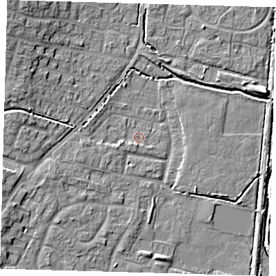 Shaded relief map of the ground around EN80LF, computed from Environment Agency LiDAR. The ground here sits at about 22 m above sea level and falls 10 m across the surrounding 800 m. Surface water reaching this point runs off ground lying to the south-south-west, 1.3 m higher.