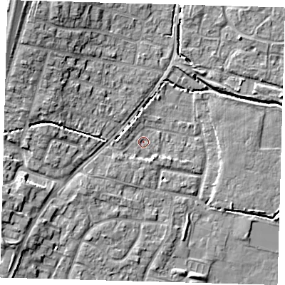 Shaded relief map of the ground around EN80LG, computed from Environment Agency LiDAR. The ground here sits at about 23 m above sea level and falls 11 m across the surrounding 800 m. Surface water reaching this point runs off ground lying to the west-south-west, 1.4 m higher.