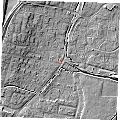 Shaded relief map of the ground around EN80LP, computed from Environment Agency LiDAR. The ground here sits at about 24 m above sea level and falls 13 m across the surrounding 800 m. Surface water reaching this point runs off ground lying to the west-north-west, 8.8 m higher.
