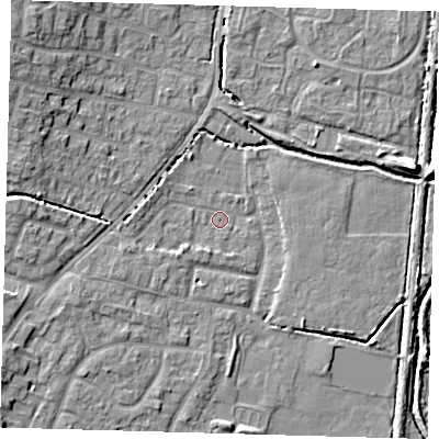 Shaded relief map of the ground around EN80LQ, computed from Environment Agency LiDAR. The ground here sits at about 22 m above sea level and falls 10 m across the surrounding 800 m. Surface water reaching this point runs off ground lying to the north-west, 8.2 m higher.