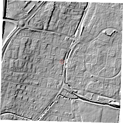 Shaded relief map of the ground around EN80LR, computed from Environment Agency LiDAR. The ground here sits at about 24 m above sea level and falls 14 m across the surrounding 800 m. Surface water reaching this point runs off ground lying to the west-north-west, 7.5 m higher.