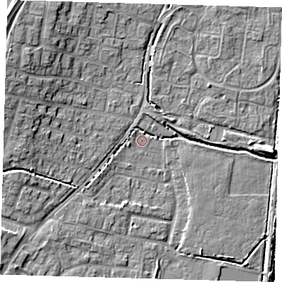 Shaded relief map of the ground around EN80LU, computed from Environment Agency LiDAR. The ground here sits at about 23 m above sea level and falls 11 m across the surrounding 800 m. Surface water reaching this point runs off ground lying to the west-south-west, 2.1 m higher.