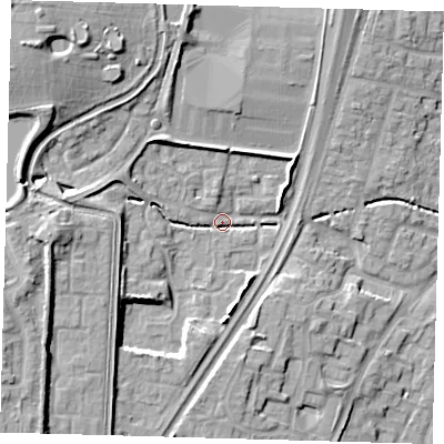 Shaded relief map of the ground around EN80NU, computed from Environment Agency LiDAR. The ground here sits at about 27 m above sea level and falls 16 m across the surrounding 800 m. Surface water reaching this point runs off ground lying to the west, 8.7 m higher.