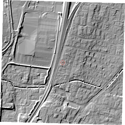 Shaded relief map of the ground around EN80PA, computed from Environment Agency LiDAR. The ground here sits at about 28 m above sea level and falls 12 m across the surrounding 800 m. Surface water reaching this point runs off ground lying to the north, 3.4 m higher.