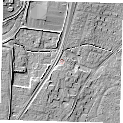 Shaded relief map of the ground around EN80PJ, computed from Environment Agency LiDAR. The ground here sits at about 27 m above sea level and falls 15 m across the surrounding 800 m. Surface water reaching this point runs off ground lying to the south-south-west, 3.0 m higher.