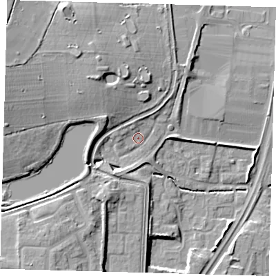 Shaded relief map of the ground around EN80PS, computed from Environment Agency LiDAR. The ground here sits at about 31 m above sea level and falls 18 m across the surrounding 800 m. Surface water reaching this point runs off ground lying to the north-west, 10.5 m higher.