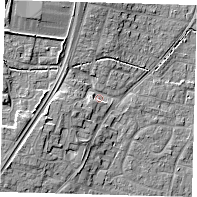 Shaded relief map of the ground around EN80PT, computed from Environment Agency LiDAR. The ground here sits at about 25 m above sea level and falls 11 m across the surrounding 800 m. Surface water reaching this point runs off ground lying to the north-west, 8.3 m higher.