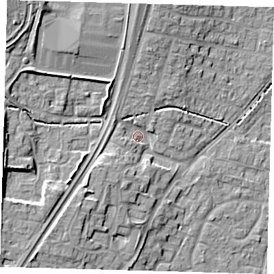 Shaded relief map of the ground around EN80PZ, computed from Environment Agency LiDAR. The ground here sits at about 25 m above sea level and falls 13 m across the surrounding 800 m. Surface water reaching this point runs off ground lying to the north-west, 8.5 m higher.