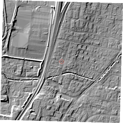Shaded relief map of the ground around EN80QB, computed from Environment Agency LiDAR. The ground here sits at about 27 m above sea level and falls 12 m across the surrounding 800 m. Surface water reaching this point runs off ground lying to the north, 2.4 m higher.