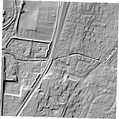Shaded relief map of the ground around EN80QD, computed from Environment Agency LiDAR. The ground here sits at about 26 m above sea level and falls 14 m across the surrounding 800 m. Surface water reaching this point runs off ground lying to the west-north-west, 8.5 m higher.