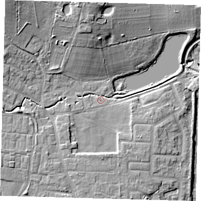 Shaded relief map of the ground around EN80QH, computed from Environment Agency LiDAR. The ground here sits at about 37 m above sea level and falls 20 m across the surrounding 800 m. Surface water reaching this point runs off ground lying to the west-south-west, 2.6 m higher.