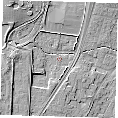 Shaded relief map of the ground around EN80QJ, computed from Environment Agency LiDAR. The ground here sits at about 27 m above sea level and falls 17 m across the surrounding 800 m. Surface water reaching this point runs off ground lying to the south-south-west, 1.0 m higher.
