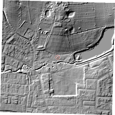 Shaded relief map of the ground around EN80QQ, computed from Environment Agency LiDAR. The ground here sits at about 37 m above sea level and falls 18 m across the surrounding 800 m. Surface water reaching this point runs off ground lying to the north-west, 15.7 m higher.