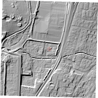 Shaded relief map of the ground around EN80QS, computed from Environment Agency LiDAR. The ground here sits at about 28 m above sea level and falls 16 m across the surrounding 800 m. Surface water reaching this point runs off ground lying to the north-west, 3.7 m higher.
